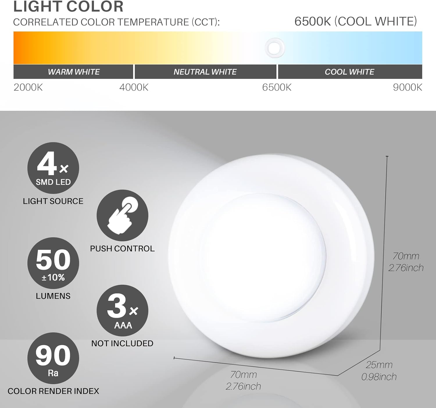 Push Tap Light, 2.8” Mini Night Touch LED Puck Lamp, Portable under Cabinet Lighting AAA Battery Operated Powered, DIY Stick on Lights for Closet, Counter, Kitchen, Cool White, 5 Pack
