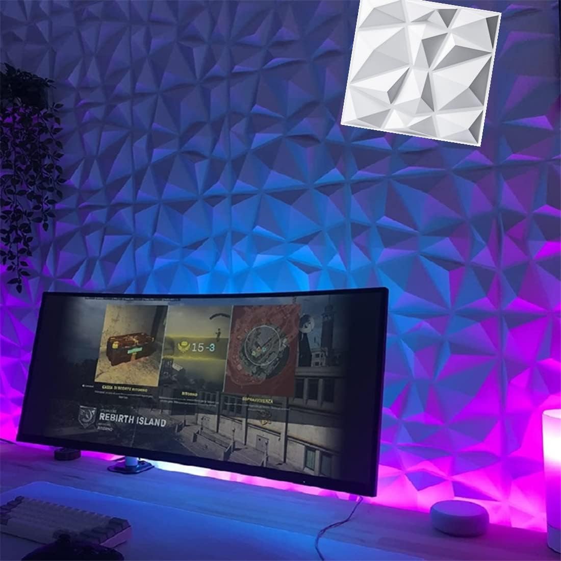15Pack 3D Wall Panels Diamond Textured Wall Tiles PVC Waterproof 11.8 * 11.8IN 3D Wall Panel for Gaming Room,Living Room,Tv Background,Kitchen,Washroom and More