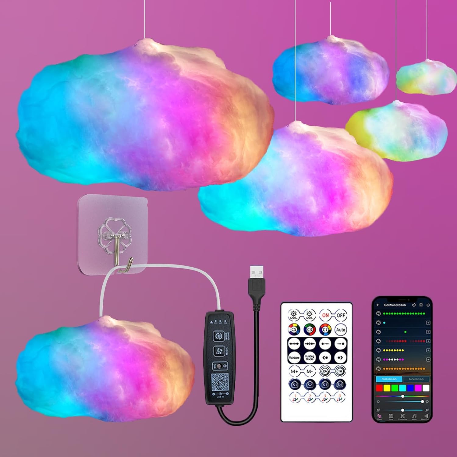 RGB Cloud Led Lights with 2.4G Remote and Bluetooth APP Changing Color into Rainbow Cloud, Lightning Cloud,Etc. Cool Cloud LED Lights for Wall Room Home Bedroom Decor (1, 50CM)