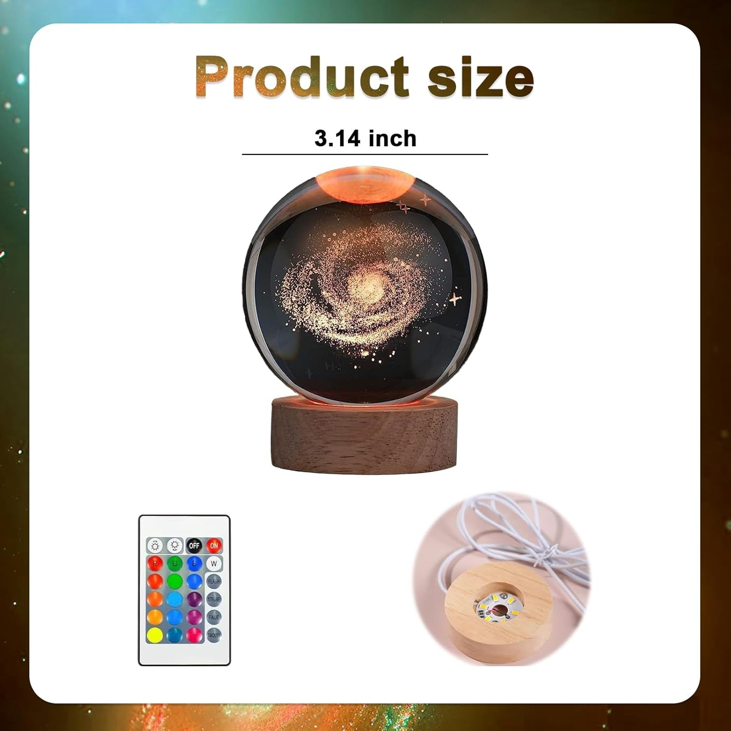 3D Crystal Ball Milky Way Galaxy LED Night Light with Wooden Base,16 Colors Change with Remote Control,8Cm Universe Galaxy Glass Glow Ball Light Christmas Birthday Gift